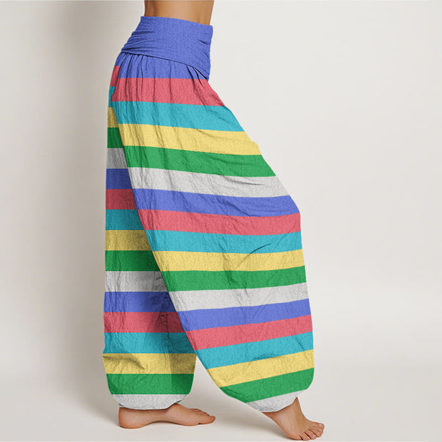 Buddha Stones Colorful Stripe Om Mani Padme Hum Women's Elastic Waist Harem Pants Women's Harem Pants BS 8