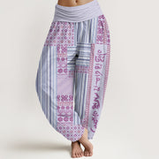 Buddha Stones Stripe Square Floral Pattern Om Mani Padme Hum Women's Elastic Waist Harem Pants