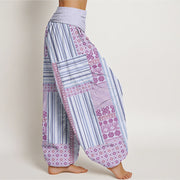 Buddha Stones Stripe Square Floral Pattern Om Mani Padme Hum Women's Elastic Waist Harem Pants Women's Harem Pants BS 1