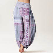 Buddha Stones Stripe Square Floral Pattern Om Mani Padme Hum Women's Elastic Waist Harem Pants Women's Harem Pants BS 2