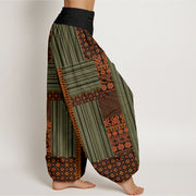 Buddha Stones Stripe Square Floral Pattern Om Mani Padme Hum Women's Elastic Waist Harem Pants Women's Harem Pants BS 5