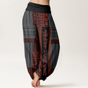 Buddha Stones Stripe Square Floral Pattern Om Mani Padme Hum Women's Elastic Waist Harem Pants