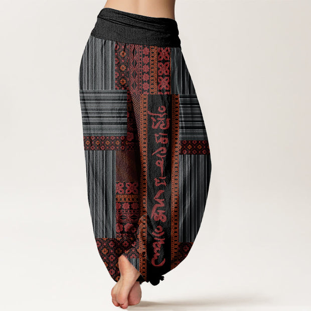 Buddha Stones Stripe Square Floral Pattern Om Mani Padme Hum Women's Elastic Waist Harem Pants Women's Harem Pants BS 9