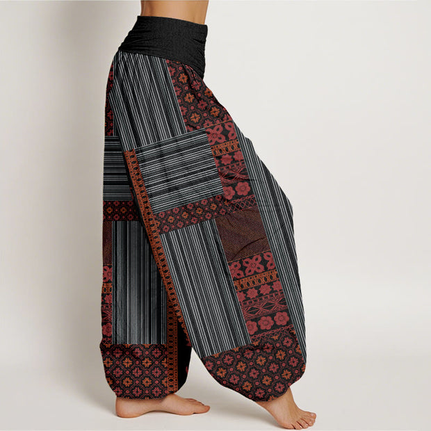 Buddha Stones Stripe Square Floral Pattern Om Mani Padme Hum Women's Elastic Waist Harem Pants Women's Harem Pants BS 8