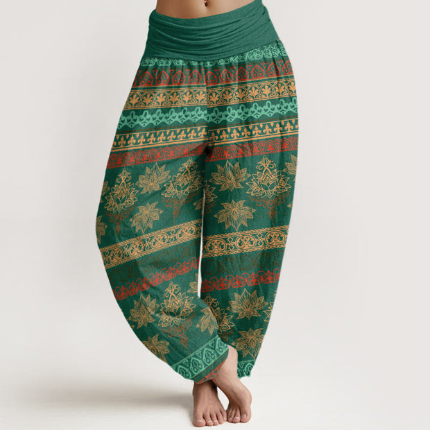 Buddha Stones Parallel Pattern Lotus Women's Elastic Waist Harem Pants Women's Harem Pants BS SeaGreen US22，UK/AU26，EU54 (6XL)