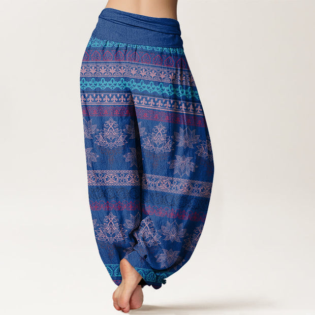 Buddha Stones Parallel Pattern Lotus Women's Elastic Waist Harem Pants Women's Harem Pants BS 6