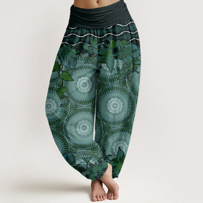 Buddha Stones Circular Mandara Leaves Women's Elastic Waist Harem Pants Women's Harem Pants BS SeaGreen US22，UK/AU26，EU54 (6XL)