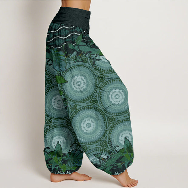 Buddha Stones Circular Mandara Leaves Women's Elastic Waist Harem Pants