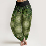 Buddha Stones Circular Mandara Leaves Women's Elastic Waist Harem Pants Women's Harem Pants BS Olive US22，UK/AU26，EU54 (6XL)