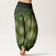 Buddha Stones Circular Mandara Leaves Women's Elastic Waist Harem Pants