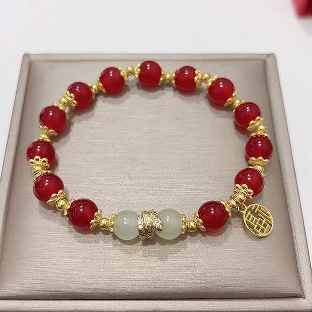 Buddha Stones Red Agate Jade Fu Character Year of the Snake Calm Bracelet Bracelet BS Red Agate Jade(Wrist Circumference: 14-16cm)