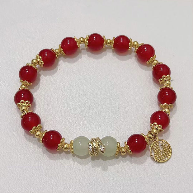 Buddha Stones Red Agate Jade Fu Character Year of the Snake Calm Bracelet Bracelet BS 1