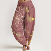 Buddha Stones Lotus Leaf Koi Fish Women's Elastic Waist Harem Pants