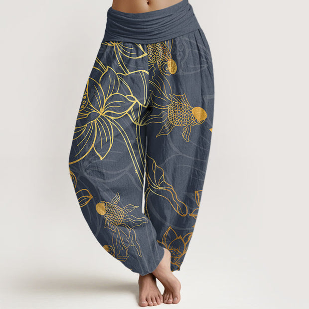 Buddha Stones Lotus Leaf Koi Fish Women's Elastic Waist Harem Pants Women's Harem Pants BS DimGray US22，UK/AU26，EU54 (6XL)