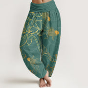 Buddha Stones Lotus Leaf Koi Fish Women's Elastic Waist Harem Pants