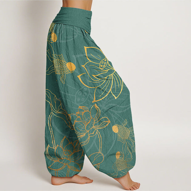 Buddha Stones Lotus Leaf Koi Fish Women's Elastic Waist Harem Pants Women's Harem Pants BS 8