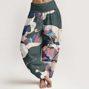 Buddha Stones Red-crowned Crane Cloud Pattern Women's Elastic Waist Harem Pants