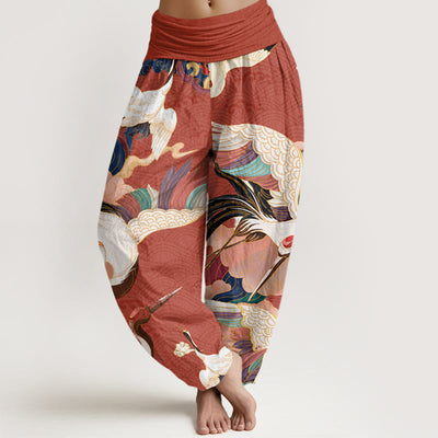 Buddha Stones Red-crowned Crane Cloud Pattern Women's Elastic Waist Harem Pants