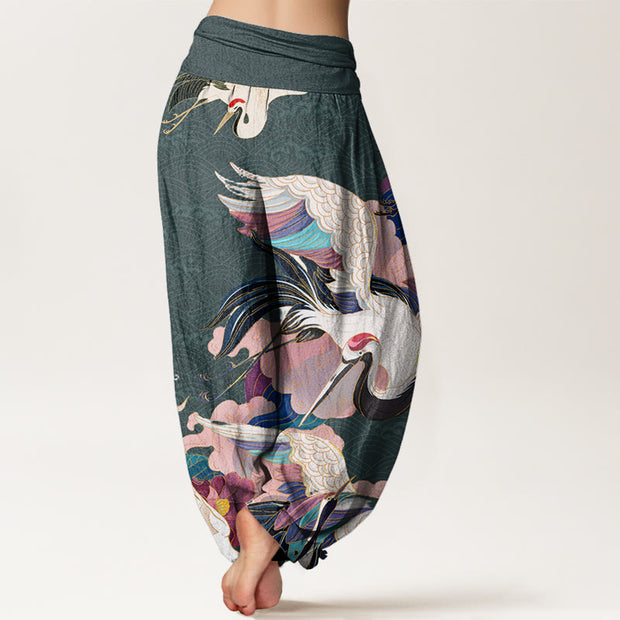 Buddha Stones Red-crowned Crane Cloud Pattern Women's Elastic Waist Harem Pants