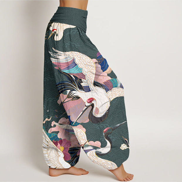 Buddha Stones Red-crowned Crane Cloud Pattern Women's Elastic Waist Harem Pants