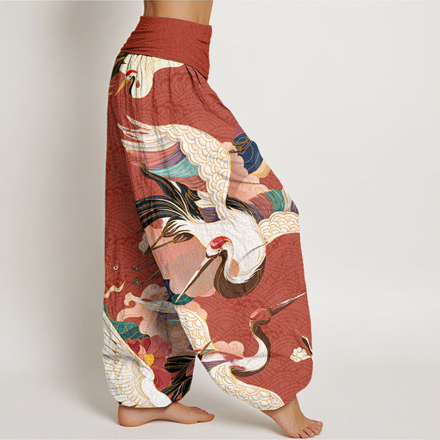 Buddha Stones Red-crowned Crane Cloud Pattern Women's Elastic Waist Harem Pants