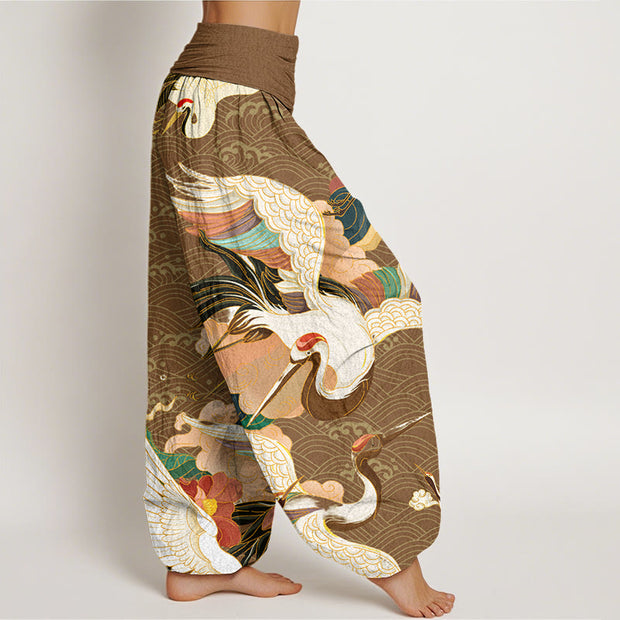 Buddha Stones Red-crowned Crane Cloud Pattern Women's Elastic Waist Harem Pants