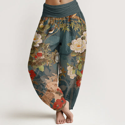 Buddha Stones Casual Peony Flowers Leaves Magpie Women's Elastic Waist Harem Pants Women's Harem Pants BS Teal US22，UK/AU26，EU54 (6XL)