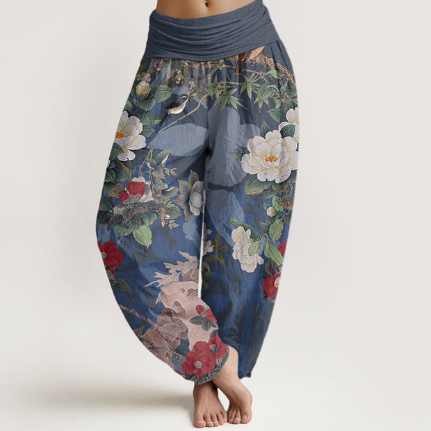 Buddha Stones Casual Peony Flowers Leaves Magpie Women's Elastic Waist Harem Pants