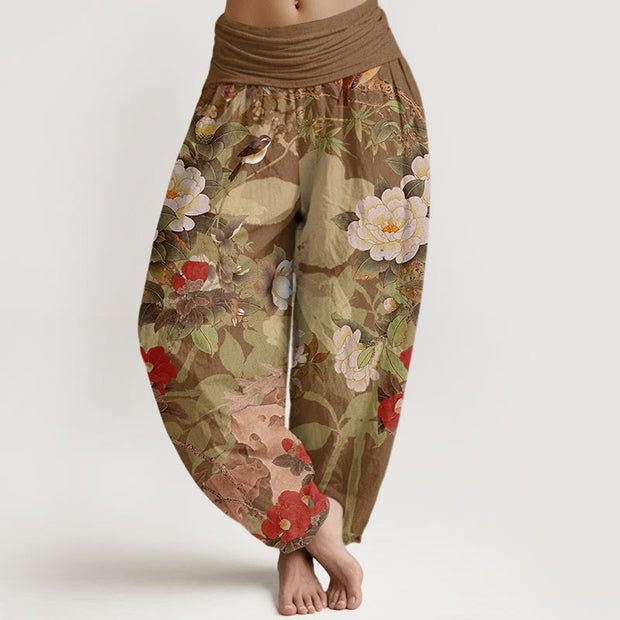 Buddha Stones Casual Peony Flowers Leaves Magpie Women's Elastic Waist Harem Pants - DarkGoldenrod - US22，UK/AU26，EU54 (6XL) - image 5
