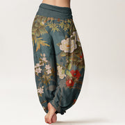 Buddha Stones Casual Peony Flowers Leaves Magpie Women's Elastic Waist Harem Pants Women's Harem Pants BS 2