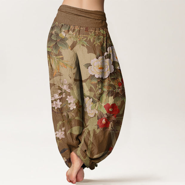 Buddha Stones Casual Peony Flowers Leaves Magpie Women's Elastic Waist Harem Pants