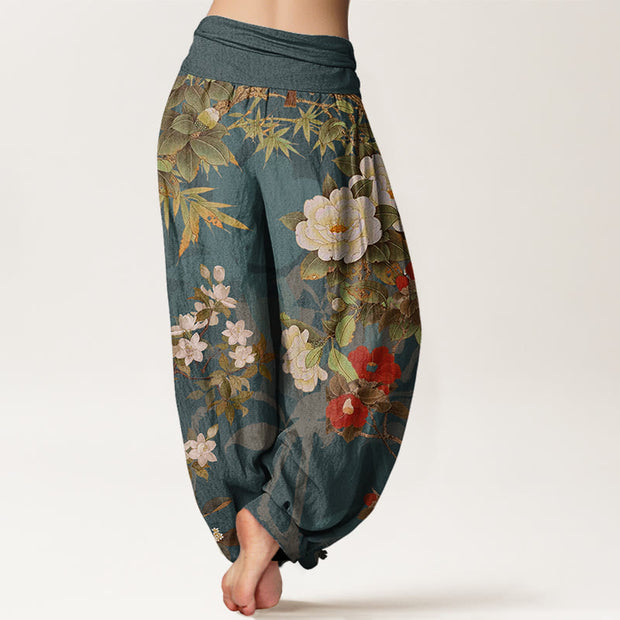 Buddha Stones Casual Peony Flowers Leaves Magpie Women's Elastic Waist Harem Pants - image 3