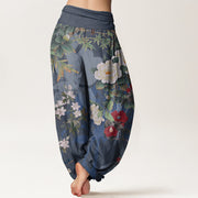 Buddha Stones Casual Peony Flowers Leaves Magpie Women's Elastic Waist Harem Pants Women's Harem Pants BS 9