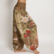 Buddha Stones Casual Peony Flowers Leaves Magpie Women's Elastic Waist Harem Pants Women's Harem Pants BS 5