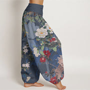 Buddha Stones Casual Peony Flowers Leaves Magpie Women's Elastic Waist Harem Pants Women's Harem Pants BS 8