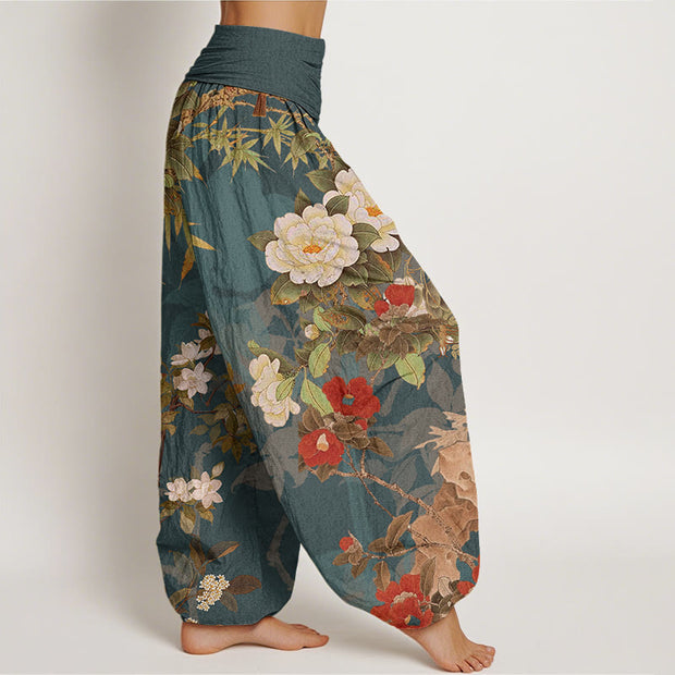 Buddha Stones Casual Peony Flowers Leaves Magpie Women's Elastic Waist Harem Pants Women's Harem Pants BS 1