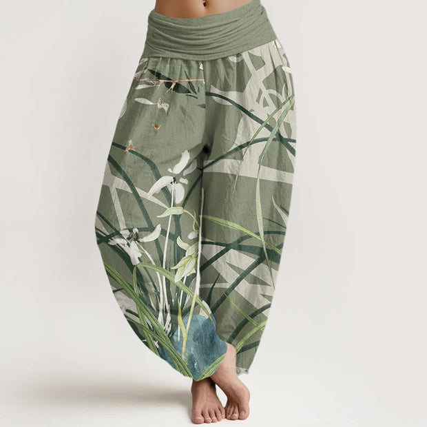 Buddha Stones Casual Orchid leaf Butterflies Women's Elastic Waist Harem Pants Women's Harem Pants BS DarkSeaGreen US22，UK/AU26，EU54 (6XL)