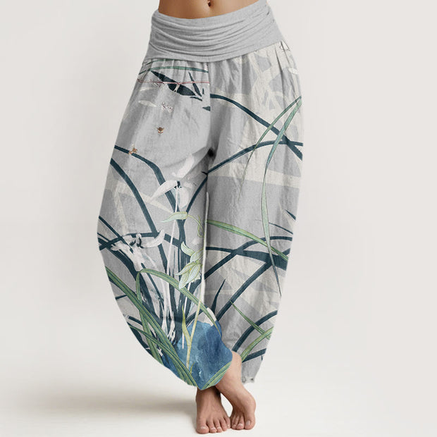 Buddha Stones Casual Orchid leaf Butterflies Women's Elastic Waist Harem Pants Women's Harem Pants BS Gainsboro US22，UK/AU26，EU54 (6XL)