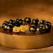 Buddha Stones Natural Black Obsidian White Porcelain Alloy Pixiu Six True Words 'om Mani Padme Hum' Purification Bracelet