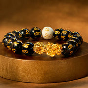 Buddha Stones Natural Black Obsidian White Porcelain Alloy Pixiu Six True Words 'om Mani Padme Hum' Purification Bracelet