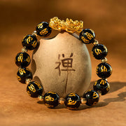 Buddha Stones Natural Black Obsidian White Porcelain Alloy Pixiu Six True Words 'om Mani Padme Hum' Purification Bracelet