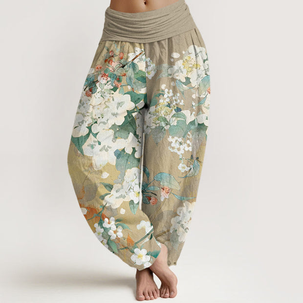 Buddha Stones Casual Branch Flower Butterfly Women's Elastic Waist Harem Pants Women's Harem Pants BS Tan US22，UK/AU26，EU54 (6XL)