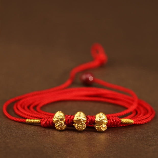 Buddha Stones 999 Gold Ingot Coin Ruyi Gourd Fu Character Year of the Snake Red String Belly Chain