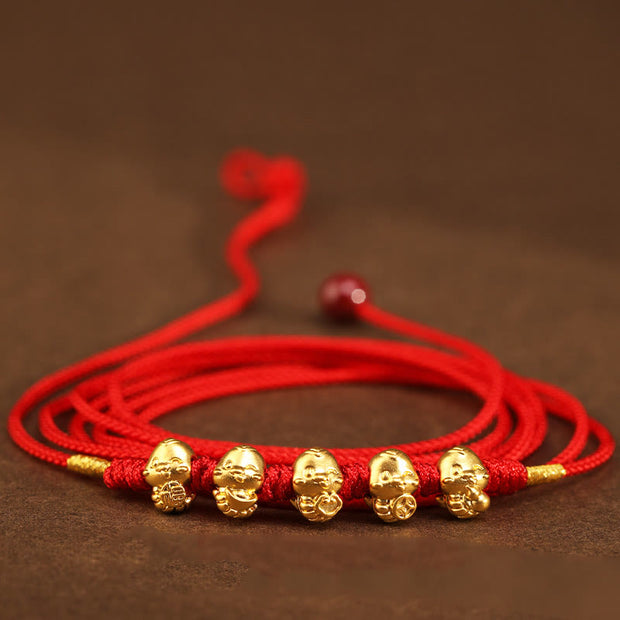 Buddha Stones 999 Gold Ingot Coin Ruyi Gourd Fu Character Year of the Snake Red String Belly Chain Belly Chain BS Five Gold Snakes