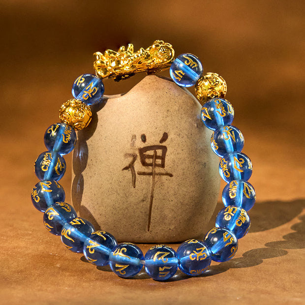 Buddha Stones Blue Agate Alloy Pixiu Six True Words 'om Mani Padme Hum' Patience Bracelet