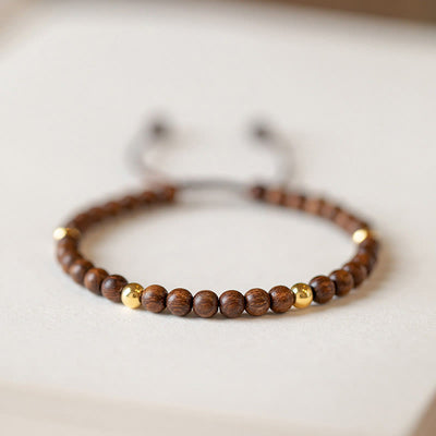 Buddha Stones 4mm Ultra-thin Sandalwood 14K Gold Plated Copper Beads Protection Bracelet Bracelet BS 4mm Sandalwood(Wrist Circumference: 14-18cm)