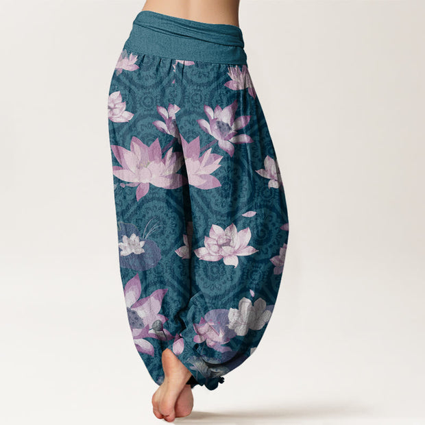 Buddha Stones Lotus Leaf Pattern Women's Elastic Waist Harem Pants Women's Harem Pants BS 2