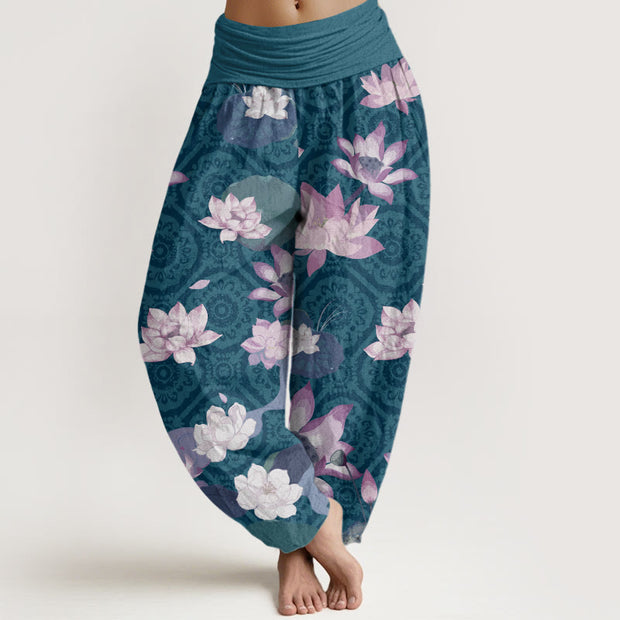 Buddha Stones Lotus Leaf Pattern Women's Elastic Waist Harem Pants Women's Harem Pants BS SteelBlue US22，UK/AU26，EU54 (6XL)