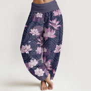 Buddha Stones Lotus Leaf Pattern Women's Elastic Waist Harem Pants Women's Harem Pants BS Indigo US22，UK/AU26，EU54 (6XL)