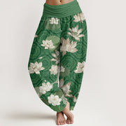 Buddha Stones Lotus Leaf Pattern Women's Elastic Waist Harem Pants